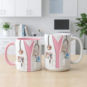 Puede incluir: Dos tazas de cer&aacute;mica blanca con un dise&ntilde;o de bata de m&eacute;dico. Las tazas presentan un cuello rosa y un estetoscopio, con bolsillos que contienen un bol&iacute;grafo, un bloc de notas y suministros m&eacute;dicos. El texto "custom text" est&aacute; en el estetoscopio.