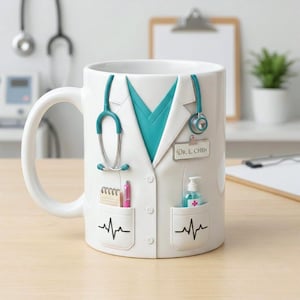 Puede incluir: Taza de cer&aacute;mica blanca dise&ntilde;ada para parecerse a una bata de m&eacute;dico, con un top de exfoliaci&oacute;n de color turquesa, un estetoscopio y bolsillos. Los bolsillos contienen un bloc de notas, un bol&iacute;grafo y desinfectante de manos. La taza tiene el nombre "Dr. L. Chen".
