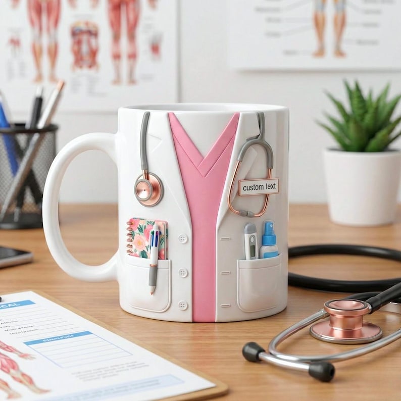 Puede incluir: Taza de cer&aacute;mica blanca dise&ntilde;ada para parecerse a una bata de m&eacute;dico, con solapa rosa, estetoscopio y bolsillos con accesorios m&eacute;dicos. La taza tiene el texto "custom text" en el estetoscopio.