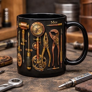 Personalisierte Werkzeug Tasse, Mechaniker Kaffeetasse, Handyman Geschenk, Werkstattbecher mit individuellem Namen, DIY Werkzeuge Illustration Tasse Style 2