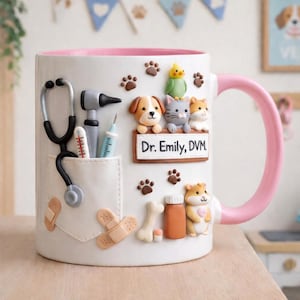 Può includere: Tazza in ceramica bianca con manico e bordo interno rosa, decorata con elementi a tema veterinario. Presenta un design a tasca con stetoscopio, termometro e siringa. Adornata con impronte di zampe, figurine di animali e la scritta "Dr. Emily, DVM."