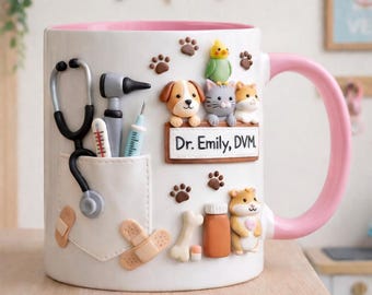 Personalized Veterinarian Mug, Custom DVM Name Coffee Cup, Cute Vet Gift for Animal Doctor, Veterinary Appreciation
