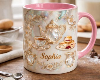 Personalized Tea Lover Mug, Custom Name Coffee Cup, Vintage Floral Teacup Design, Elegant Cozy Aesthetic, Gift for Her