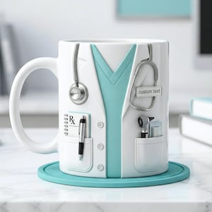 Puede incluir: Taza de cer&aacute;mica blanca con dise&ntilde;o de bata de m&eacute;dico, parte superior de exfoliaci&oacute;n turquesa, estetoscopio e instrumentos m&eacute;dicos. La taza incluye un bloc de notas con el s&iacute;mbolo Rx, un bol&iacute;grafo y un bolsillo con el texto "custom text".