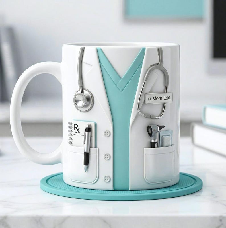 Puede incluir: Taza de cer&aacute;mica blanca con dise&ntilde;o de bata de m&eacute;dico, parte superior de exfoliaci&oacute;n turquesa, estetoscopio e instrumentos m&eacute;dicos. La taza incluye un bloc de notas con el s&iacute;mbolo Rx, un bol&iacute;grafo y un bolsillo con el texto "custom text".