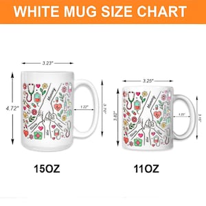 May include: White ceramic mugs with a medical theme, featuring a hand-holding design and the text "Mommy", "Olivia", "Mia", and "Tom". The larger mug is 12 cm high, 8.2 cm wide, and holds 444 ml. The smaller mug is 9.7 cm high, 8.3 cm wide, and holds 325 ml.