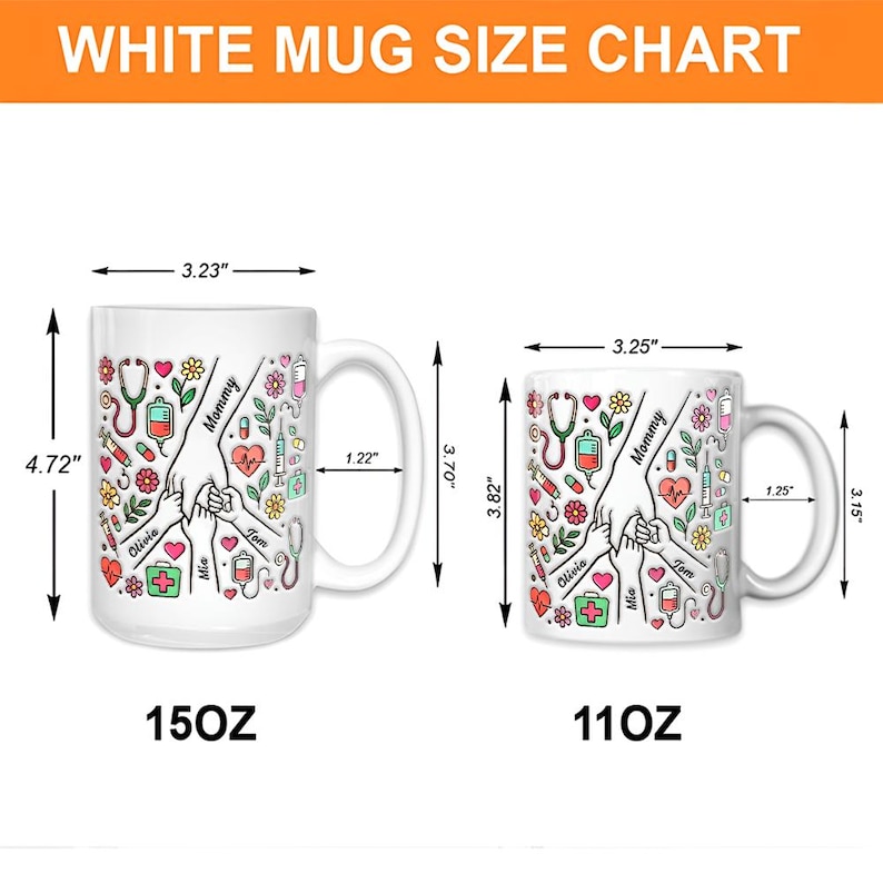 May include: White ceramic mugs with a medical theme, featuring a hand-holding design and the text "Mommy", "Olivia", "Mia", and "Tom". The larger mug is 12 cm high, 8.2 cm wide, and holds 444 ml. The smaller mug is 9.7 cm high, 8.3 cm wide, and holds 325 ml.