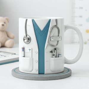 Puede incluir: Taza de cer&aacute;mica blanca dise&ntilde;ada para parecer una bata de m&eacute;dico, completa con un estetoscopio, bolsillos y el texto "DR. EVAN LEE PEDIATRICS". La taza presenta un cuello en V azul y est&aacute; colocada sobre un posavasos gris. Se ven bol&iacute;grafos e instrumentos m&eacute;dicos en los bolsillos.