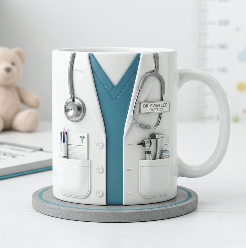 Puede incluir: Taza de cer&aacute;mica blanca dise&ntilde;ada para parecer una bata de m&eacute;dico, completa con un estetoscopio, bolsillos y el texto "DR. EVAN LEE PEDIATRICS". La taza presenta un cuello en V azul y est&aacute; colocada sobre un posavasos gris. Se ven bol&iacute;grafos e instrumentos m&eacute;dicos en los bolsillos.