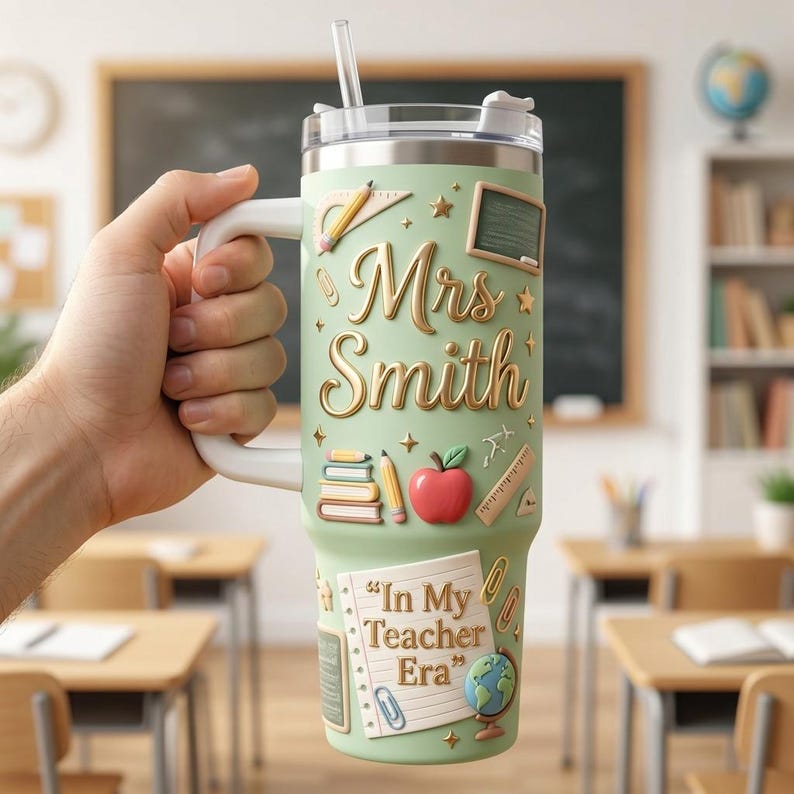 May include: A light green stainless steel tumbler with a handle and straw, featuring raised 3D-style graphics of school supplies, a red apple, a globe, and the text "Mrs. Smith" and "In My Teacher Era" in gold-colored lettering.