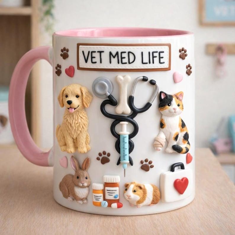 Puede incluir: Taza de cer&aacute;mica blanca con asa e interior rosa, decorada con figuras de animales y el texto "VET MED LIFE". Presenta un perro, un gato, un conejo, un conejillo de indias, un estetoscopio, una jeringa, pastillas, huellas de patas y un malet&iacute;n m&eacute;dico con un coraz&oacute;n.