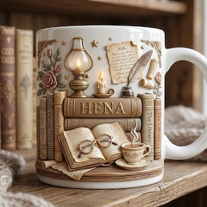 Op de afbeelding: Witte keramische mok met een gedetailleerd reliëfontwerp met boeken, een lamp, een kaars en een veer. De mok heeft het woord "HENA" erop, en de woorden "The Library", "Stories Found", "Vintage Shelf" en "Cozy Tales" zijn ook zichtbaar.