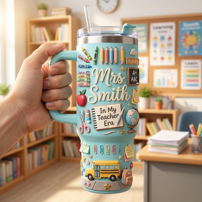 May include: A light blue insulated tumbler with a handle and straw, featuring 3D-style school-themed graphics including crayons, a ruler, a chalkboard, an apple, a globe, a school bus, and a notebook with the text "Mrs. Smith In My Teacher Era."