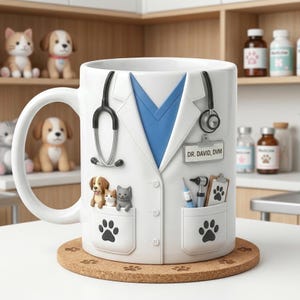 Può includere: Tazza in ceramica bianca con un design da camice veterinario, colletto blu, stetoscopio e tasche con impronte di zampe. La tazza include il testo "DR. DAVID, DVM" e immagini di un cane, un gatto e strumenti medici.