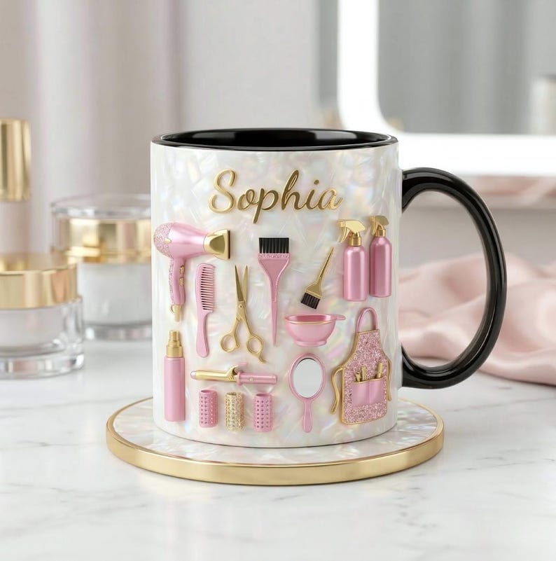 May include: A white and black mug with the name "Sophia" in gold lettering. The mug is decorated with pink and gold hair styling tools. The mug sits on a matching coaster with a gold rim. The handle is black.