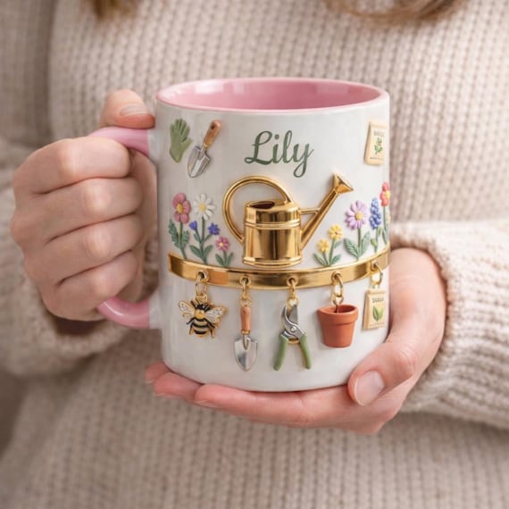 Personalized Gardening Mug, Custom Name Botanical Coffee Cup, Garden Lover Gift, Cute Cottagecore Tea Mug for Plant Lovers