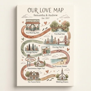 May include: A personalized Our Love Map canvas print featuring a hand-drawn style illustration. The map highlights key moments in a couple's relationship, including their first meeting, dates, and travels. The text includes names, dates, and locations.