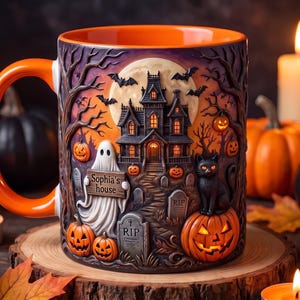 May include: A ceramic mug with an orange interior and handle, featuring a raised 3D-style Halloween scene. The design includes a haunted house, a ghost holding a sign that reads 'Sophia's house', a black cat, jack-o'-lanterns, and tombstones.