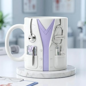 Puede incluir: Taza de cer&aacute;mica blanca dise&ntilde;ada para parecerse a una bata de m&eacute;dico, completa con un estetoscopio, bolsillos y una parte superior de color lavanda. Incluye un bloc de notas, un bol&iacute;grafo, un term&oacute;metro y una botella de OptiWipe. Incluye espacio para texto personalizado.