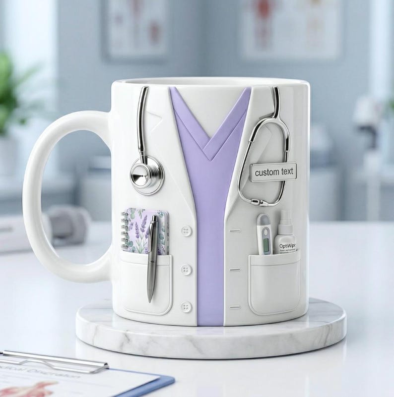 Puede incluir: Taza de cer&aacute;mica blanca dise&ntilde;ada para parecerse a una bata de m&eacute;dico, completa con un estetoscopio, bolsillos y una parte superior de color lavanda. Incluye un bloc de notas, un bol&iacute;grafo, un term&oacute;metro y una botella de OptiWipe. Incluye espacio para texto personalizado.