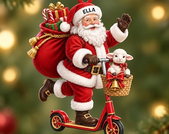 Personalized Santa Kick Scooter Sheep Ornament, Funny Santa Keepsake, Cute Christmas Gift, Whimsical Holiday Decor,2D Christmas Tree Hanging