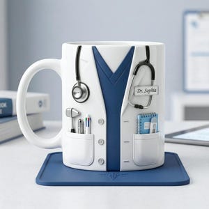 Puede incluir: Taza de cer&aacute;mica blanca dise&ntilde;ada para parecerse a una bata de m&eacute;dico, completa con un estetoscopio, bolsillos e instrumentos m&eacute;dicos. La taza presenta un dise&ntilde;o de uniforme azul y el nombre "Dr. Sophia" en una etiqueta. Se encuentra sobre un posavasos cuadrado azul.