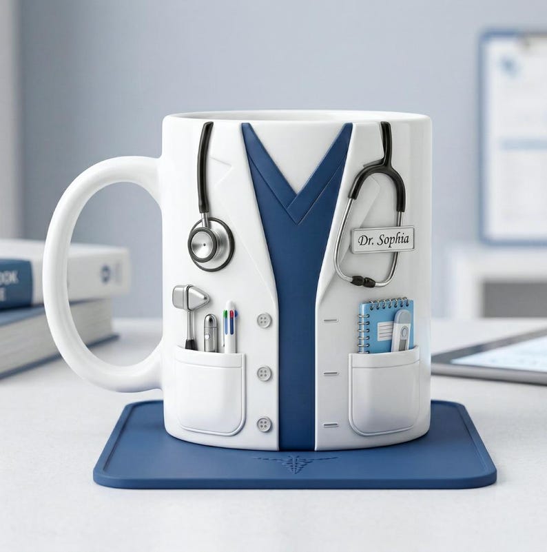 Puede incluir: Taza de cer&aacute;mica blanca dise&ntilde;ada para parecerse a una bata de m&eacute;dico, completa con un estetoscopio, bolsillos e instrumentos m&eacute;dicos. La taza presenta un dise&ntilde;o de uniforme azul y el nombre "Dr. Sophia" en una etiqueta. Se encuentra sobre un posavasos cuadrado azul.