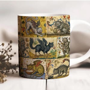 Konstiga medeltida katter keramisk mugg, estetisk gotisk kattkonstmugg, kaffemugg i vintagemanuskriptstil