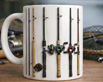 Personalized Fishing Ceramic Mug, Angler Coffee Cup Featuring Rod Collection Design, Outdoor Lake Style Drinkware