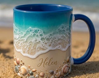 May include: A blue ceramic mug with a beach-themed design. The mug features a gradient of blue and turquoise, depicting the ocean and waves. The bottom of the mug is decorated with seashells and the name "Helen" in a cursive font.