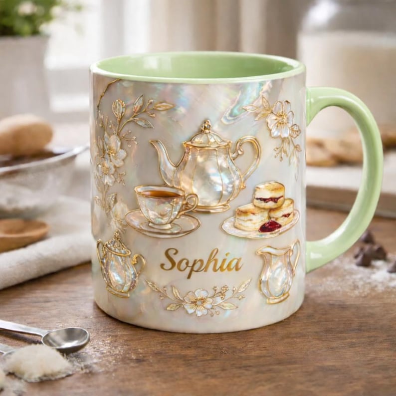 May include: A pearlescent ceramic mug with a light green interior and handle. The mug features embossed gold-colored tea party imagery, including a teapot, teacup, and scones. The name "Sophia" is written in gold script.