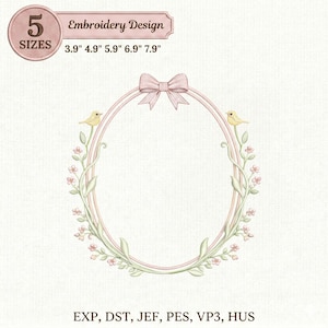 Oval Floral Embroidery Frame Design, Birds, Bow, Baby Nursery PES (Instant Download)