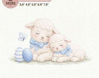 Big Little Lamb Easter Embroidery Design, Two Cute Lambs with Blue Bow, Eggs, Baby Animal Spring Embroidery Design, Instant Download Dst Pe