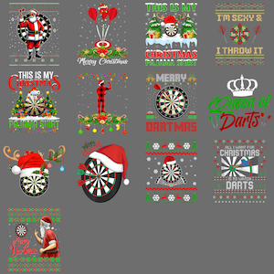 Könnte beinhalten: Sammlung von Dartscheiben-Designs zum Thema Weihnachten. Enthält den Weihnachtsmann, Weihnachtsbäume und festlichen Text wie "Merry Christmas" und "Dartmas". Designs zeigen rote, grüne und weiße Farben.