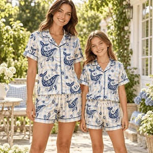 Cheerful Pattern Satin Pajama Set, Short Sleeve Button Up Shirt and Matching Shorts, All Over Print Kids Youth and Adult Sleepwear