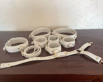 White Leather Restraints Set, Bondage Kit for Couples, Wrist & Ankle Cuffs, Thigh Cuffs, Collar and Leash, Fetish Play Accessories