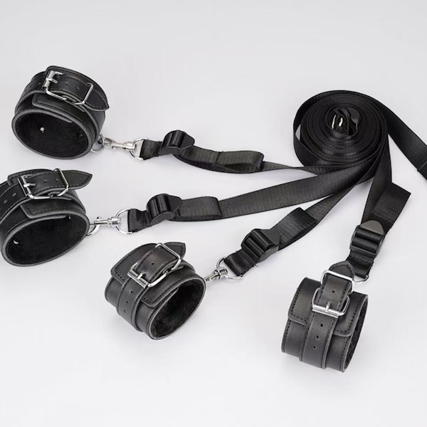 Leren bedsteunset – BDSM-bondageset met handboeien en enkelboeien voor sensueel spelen en knikken