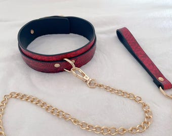 Rött läderhalsbandkoppel med D-ring - Gotiskt läderchokerhalsband - Handgjort punk bondagehalsband och koppel - Alternativ grungegåva