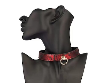 Gargantilla de cuero rojo con anilla - Collar gótico de cuero hecho a mano - Collar alternativo de moda premium - Regalo íntimo de lujo para ella