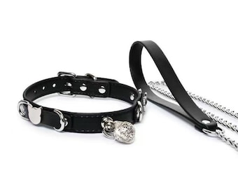 Gotiskt chokerhalsband med klocka, set med halsband och koppel i äkta läder, gotisk choker, cosplayhalsband, leksaker för husdjur, kattungechoker