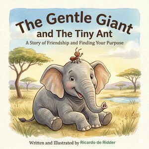 Puede incluir: Una portada de libro infantil titulada The Gentle Giant and The Tiny Ant: A Story of Friendship and Finding Your Purpose. La ilustración muestra a un elefante gris sentado en una sabana cubierta de hierba con una pequeña hormiga marrón en la cabeza.