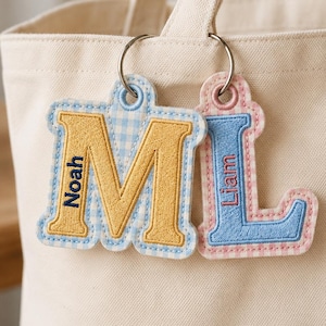 Personalized Initial Bag Tag, Custom Monogram Keychain, Embroidered Name Tag for Backpack, Gingham Diaper Bag Charm, Toddler Baby Gift