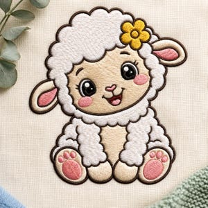 Può includere: Una toppa ricamata raffigurante un agnello bianco e beige con un fiore giallo sulla testa. L'agnello ha grandi occhi neri, guance rosa e cuscinetti rosa sulle zampe, il tutto delineato con filo marrone scuro su un tessuto color crema chiaro.
