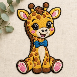 May include: An embroidered iron-on patch featuring a cartoon giraffe with yellow fur, brown spots, and a blue bow tie. The giraffe has large black eyes, pink cheeks, and pink paw pads on its feet, all outlined in a thick black border.