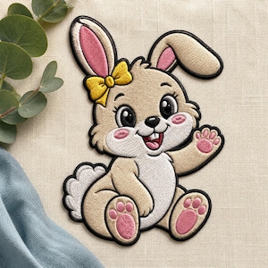 May include: An embroidered patch featuring a tan bunny with a white belly, pink inner ears, and pink paw pads. The bunny has a yellow bow on its head, large black eyes, and a smiling mouth with two front teeth, outlined in black thread.