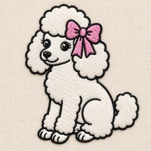 May include: An embroidered patch featuring a white poodle with curly fur, black outlines, and a bright pink bow on its head. The poodle is depicted in a sitting position, facing forward with large black eyes and a small black nose on a textured fabric.
