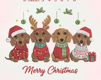 May include: An embroidery file for a machine featuring four dachshunds dressed for Christmas. Each dog wears a festive outfit, including Santa hats, reindeer antlers, and sweaters. The text "Merry Christmas" is displayed below the dogs. Sizes range from 3" to 8".