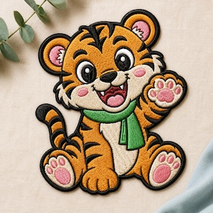 May include: An embroidered patch featuring a cartoon tiger with orange fur, black stripes, and a white belly. The tiger has a green scarf, pink paw pads, and a wide, happy expression with an open mouth showing teeth, outlined in thick black thread.