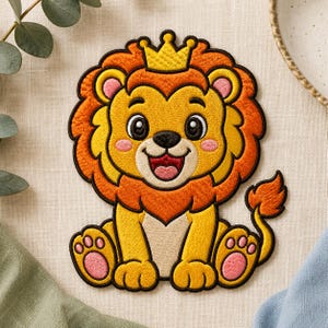 Puede incluir: Un parche bordado que muestra un león de dibujos animados con cuerpo amarillo, melena naranja y una pequeña corona amarilla en la cabeza. El león tiene mejillas rosadas, almohadillas rosadas en las patas y una boca sonriente con lengua roja.
