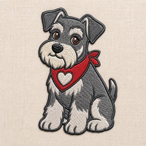 May include: An embroidered patch featuring a gray and white Schnauzer dog sitting down. The dog has brown eyes, a black nose, and a red bandana around its neck with a white heart shape in the center. The patch has a black stitched border.